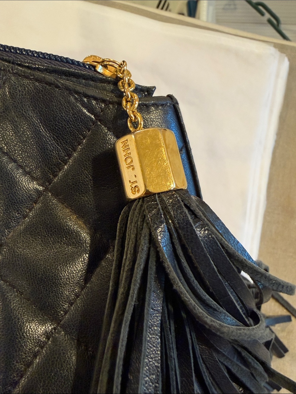 St. John Navy Blue Quilted Leather tote Bag with Tassel vintage - Picture 3 of 16